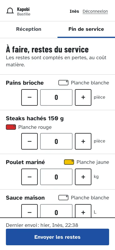Saisie des restes de fin de service sur le téléphone du restaurant.