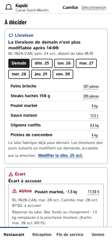 Vue d’ensemble du restaurant sur le téléphone de la gérante.